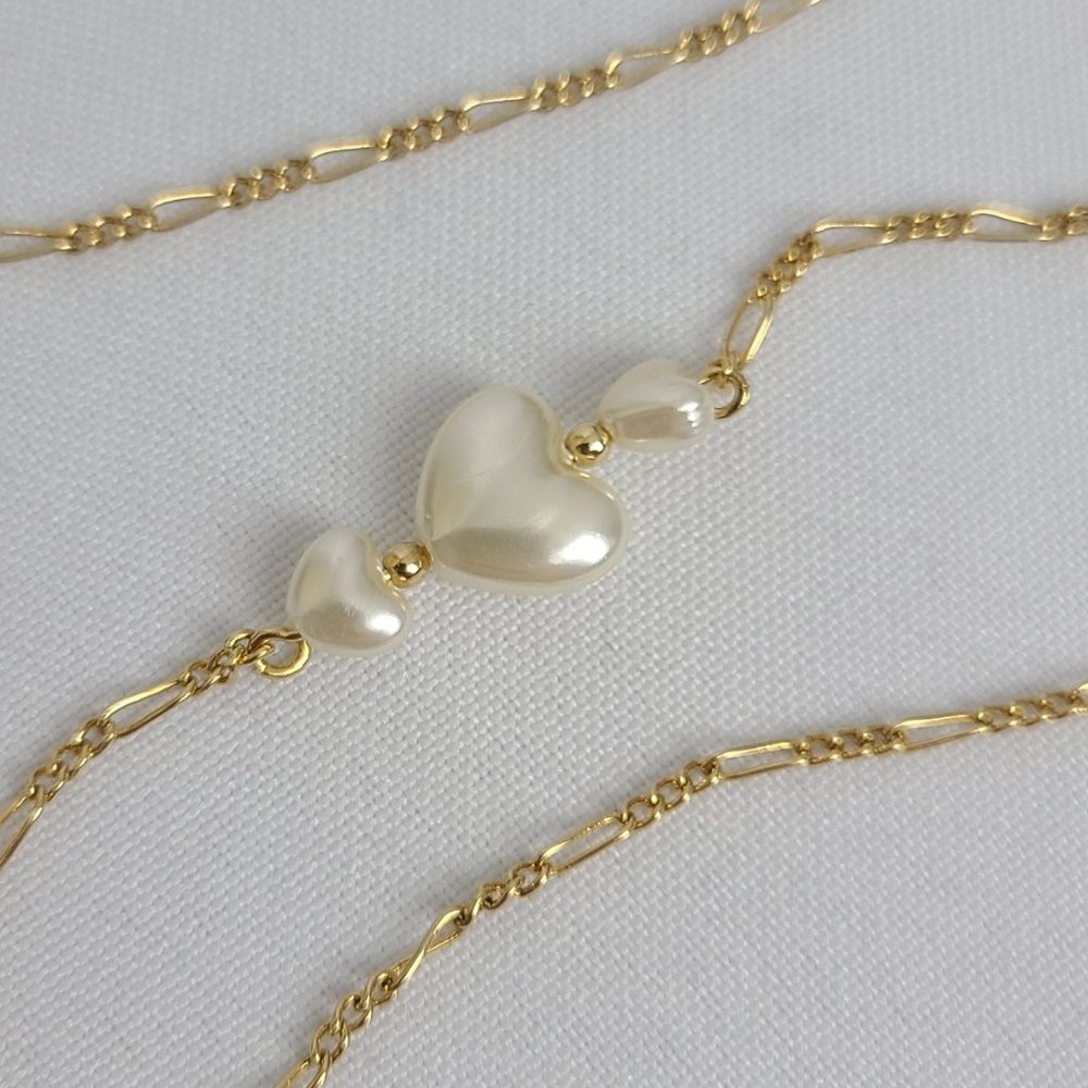 Gold Tone Chain Necklace Faux Pearl Heart - Picture 4 of 5